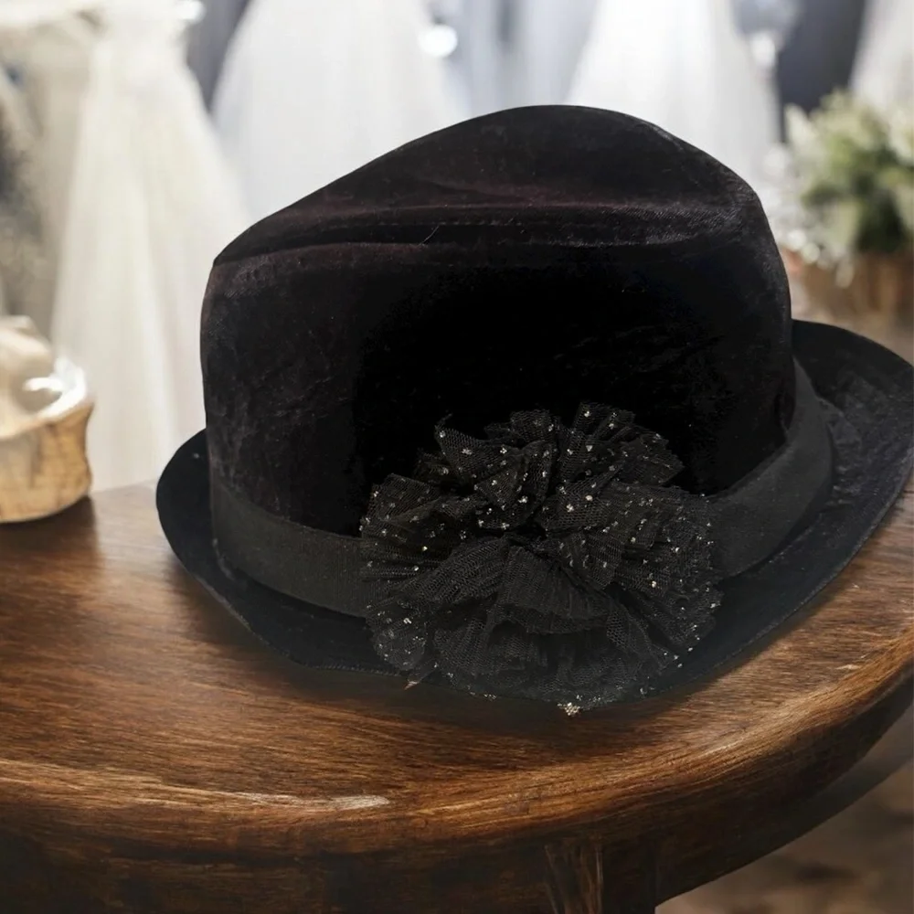 The Place Black Velvet Fedora with Floral Accent, Kids L 10+ 2 for $30